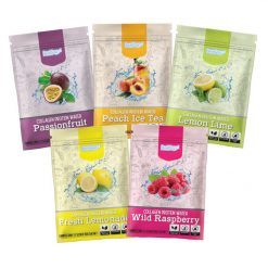 Fresh Lemonade, Wild raspberry, Peach Ice Tea, Passionfruit, Lemon Lime flavour Feel Good Protein Water Sample satchels