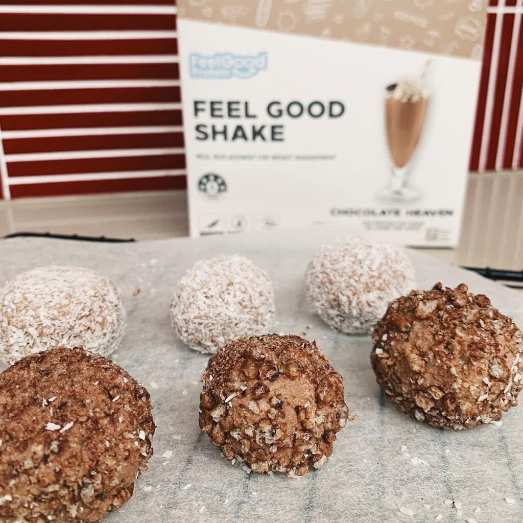 Choc Peanut Butter Cheesecake protein balls made with Feel Good Shake and Tasteless Protein