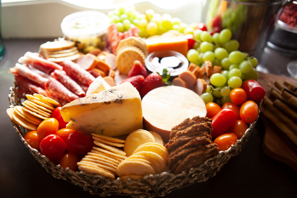 Grazing platter with cheese, crackers, fruit, meat etc