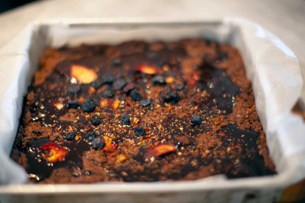 Chocolate Berry Protein Slice in baking tray