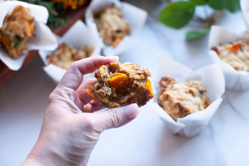 Close up of a Pumpkin Feta and Herb Protein Muffin