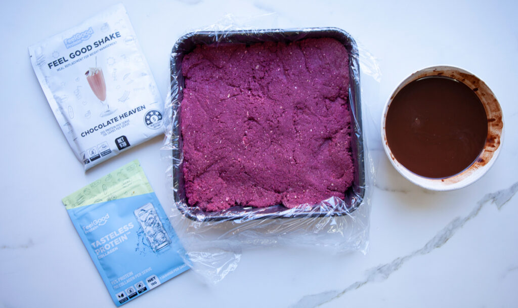 Red Velvet Feel Good Bars made with Tasteless Protein and Feel Good Shake