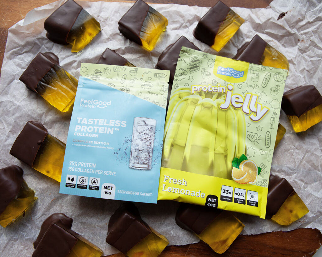 Tasteless Protein and Protein Jelly with Chocolate Coated Protein Gummies