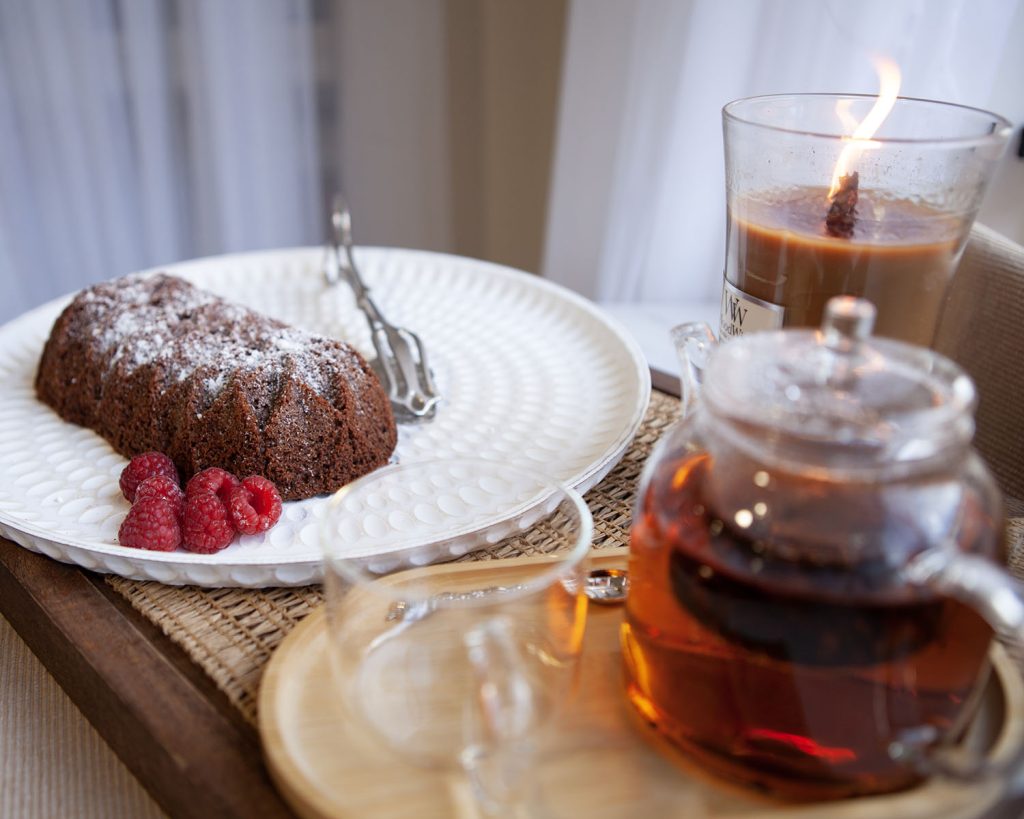 Delicious Chocolate Almond Cake Served with Tea