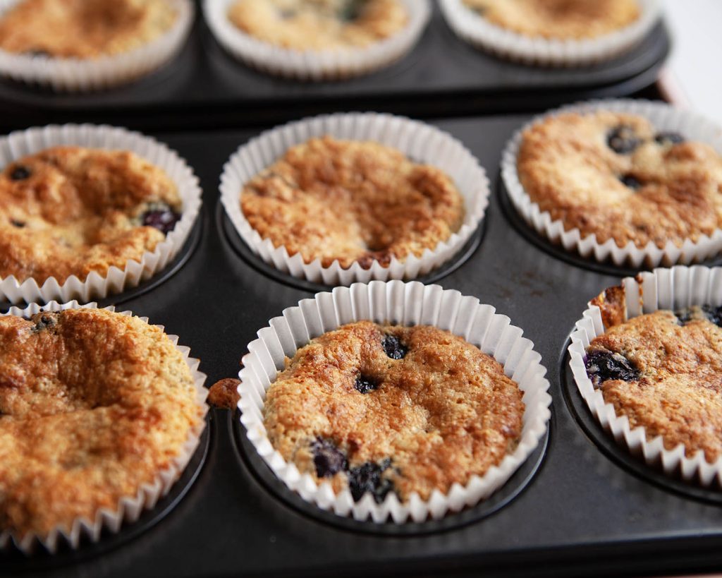 Lemon Blueberry Protein Muffins Out of Oven