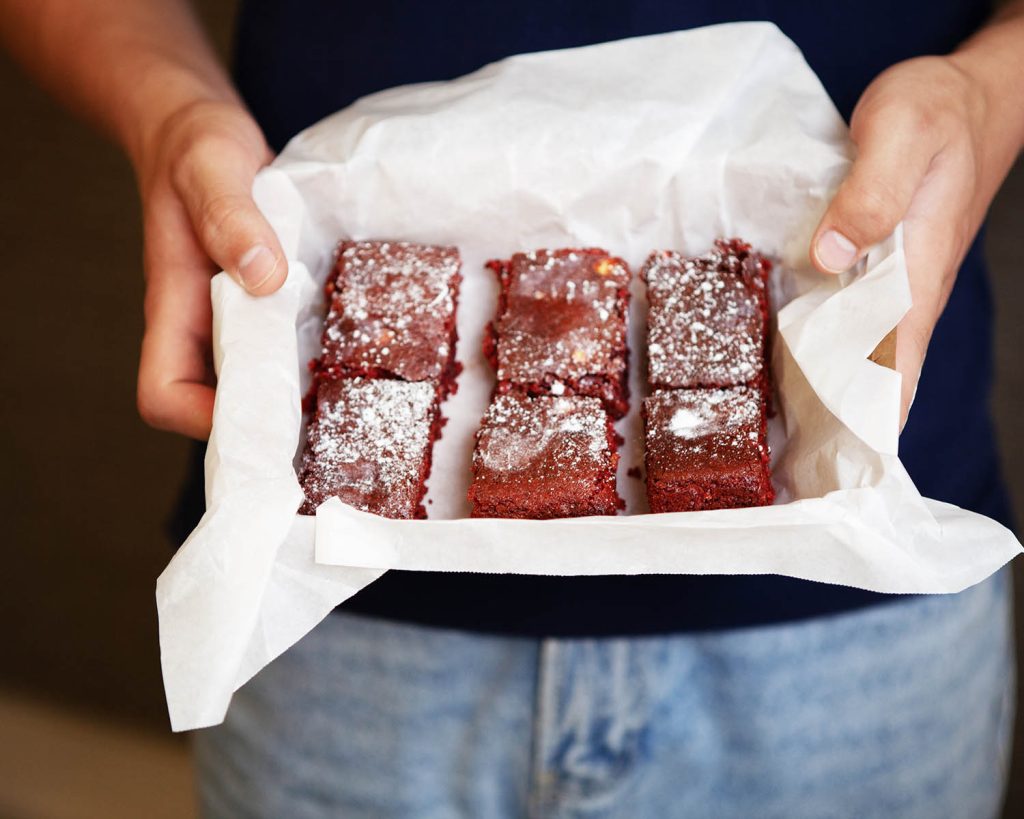 Red Velvet Cake Bars On A Mini Tray