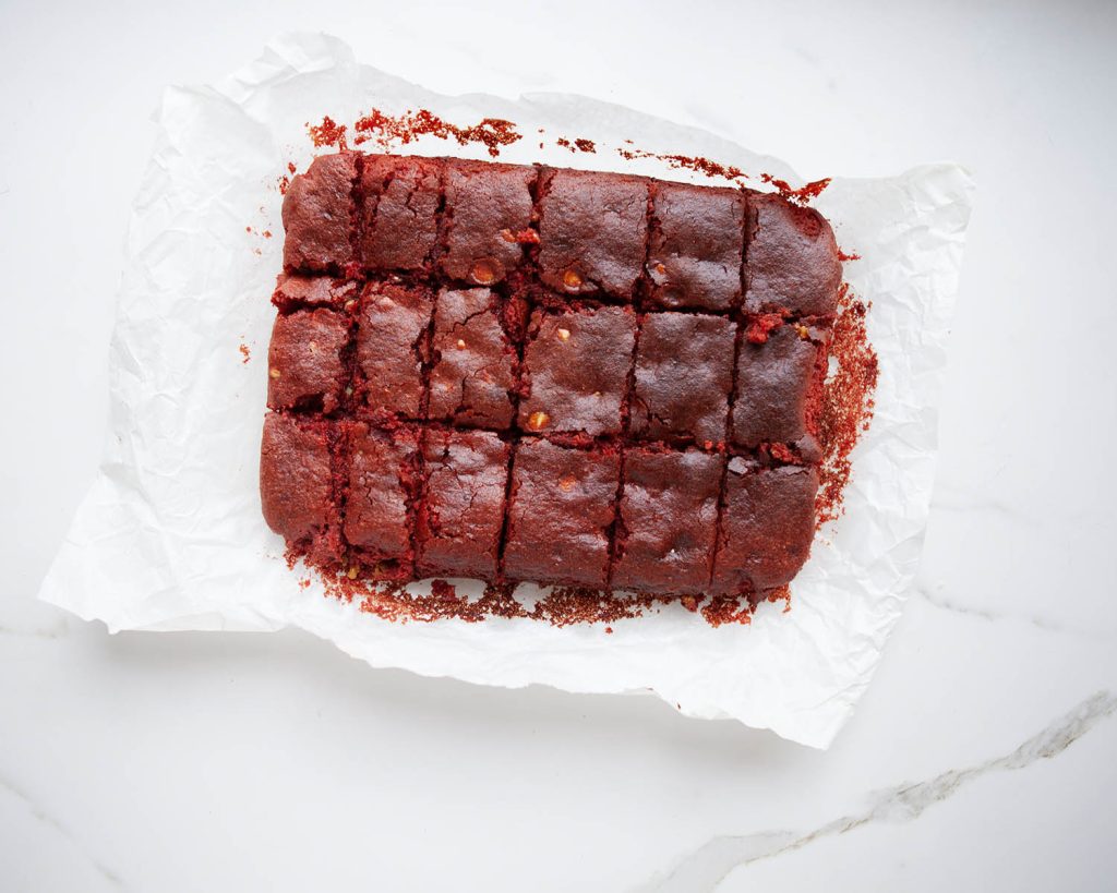 Red Velvet Cake Bars Out Of Oven