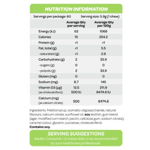 Calcium Chews with Vitamin D3 by Cost Price Supplements Nutrition Information