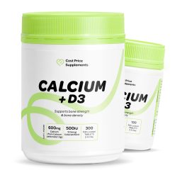 White plastic bottle of Cost Price Supplements Calcium + D3 with a bright green lid, labelled “Calcium + D3,” 600mg calcium, 500 IU vitamin D3, 300 and 130 film-coated tablets, supports bone strength and density.
