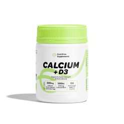 White plastic bottle of Cost Price Supplements Calcium + D3 with a bright green lid, labeled “Calcium + D3,” 600mg calcium, 500 IU vitamin D3, 130 film-coated tablets, supports bone strength and density.