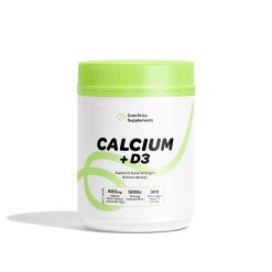 White plastic bottle of Cost Price Supplements Calcium + D3 with a bright green lid, labeled “Calcium + D3,” 600mg calcium, 500 IU vitamin D3, 300 film-coated tablets, supports bone strength and density.
