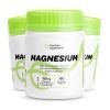Three white plastic bottles of Cost Price Supplements Magnesium with bright green lids, labelled “Magnesium,” 150mg (from magnesium citrate 971mg), 120 film-coated tablets, helps reduce muscle cramps and mild muscle spasms when dietary intake is inadequate.
