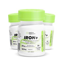 Alt text: Three white plastic bottles of Cost Price Supplements Iron+ with bright green lids, labelled “IRON+,” 20mg iron (from iron amino acid chelate) and 16.5mg vitamin C, 30 film-coated tablets, relieves tiredness and fatigue and supports better absorption.