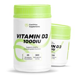 White plastic bottle of Cost Price Supplements Vitamin D3 with a bright green lid, labelled “Vitamin D3 1000IU,” 1000 IU vitamin D3 from 25 micrograms of colecalciferol, 300 and 130 soft gel capsules, supports healthy immune system function.