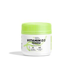 White plastic bottle of Cost Price Supplements Vitamin D3 with a bright green lid, labelled “Vitamin D3 1000IU,” 1000 IU vitamin D3 from 25 micrograms of colecalciferol, 130 soft gel capsules, supports healthy immune system function.