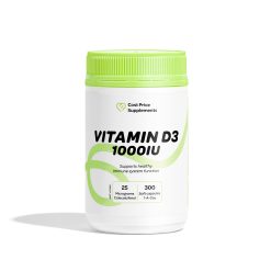 White plastic bottle of Cost Price Supplements Vitamin D3 with a bright green lid, labelled “Vitamin D3 1000IU,” 1000 IU vitamin D3 from 25 micrograms of colecalciferol, 300 soft gel capsules, supports healthy immune system function.