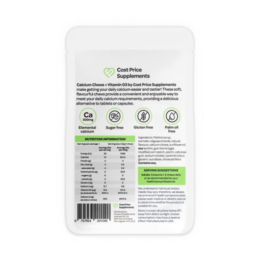 Backside of the Calcium Chews Sachet by Cost Price Supplements