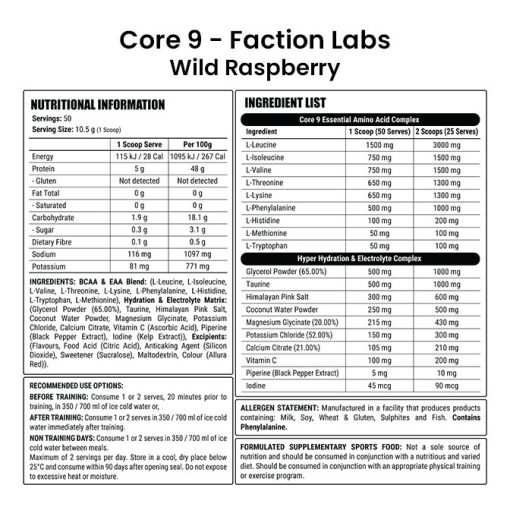 Core 9 by Faction Labs - 50 Serves Wild Raspberry NIP