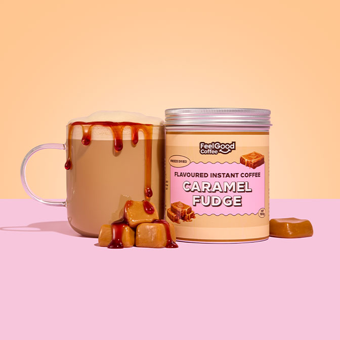 Flavoured Instant Coffee by Feel Good Coffee 100g Caramel Fudge with hot coffee latte