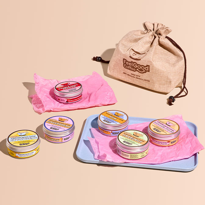 Flavoured Instant Coffee by Feel Good Coffee Assorted Pack 35g flat lay