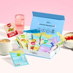 GLP 1 Friendly sample pack on table with different food and drinks