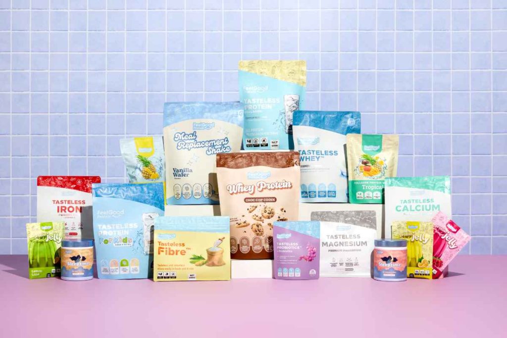 Image of the full feel good protein range including tasteless protein, tasteless whey and tasteless fibre