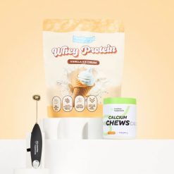 Vanilla Ice Cream Whey Protein with Calcium Chews and an Electric Whisk on a coloured background