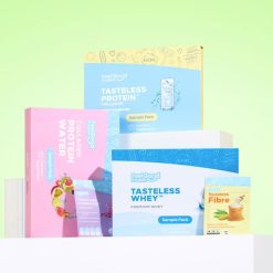 The Sample Starter Pack with Feel Good Protein Water sample packs on a coloured background