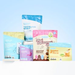 The Feel Good Pack containing Tasteless Protein, Tasteless Whey, Tasteless Probiotics, Meal Replacement Shake and Tasteless Fibre on a coloured background