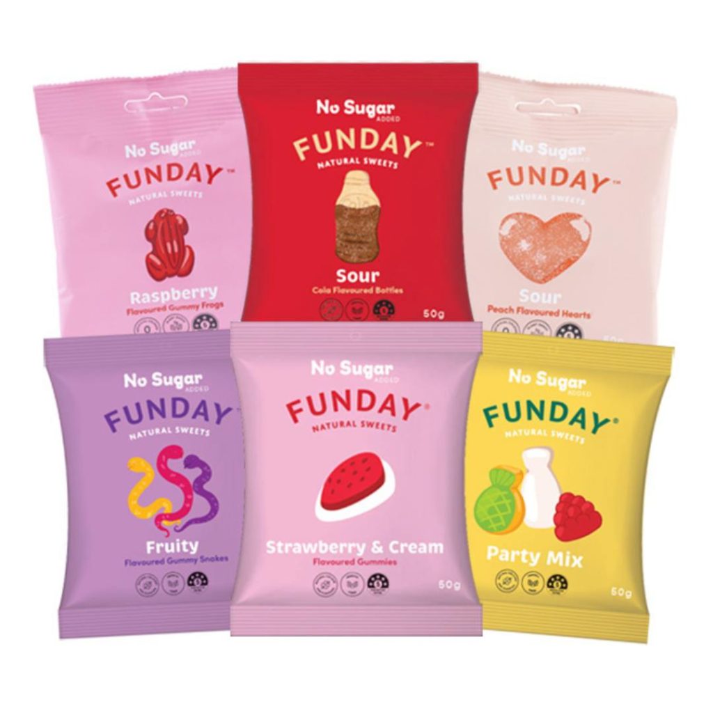 Six packets of Funday Sweets in Strawberry & Cream, Party Mix, Fruity Gummy Snakes, Sour Cola Bottles, Sour Peach Hearts, and Raspberry Gummy Frogs.