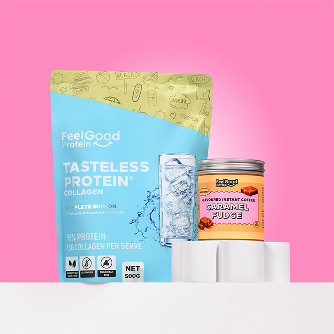 The Morning Ritual Pack with Tasteless Protein and Caramel Fudge Instant Coffee on a coloured background