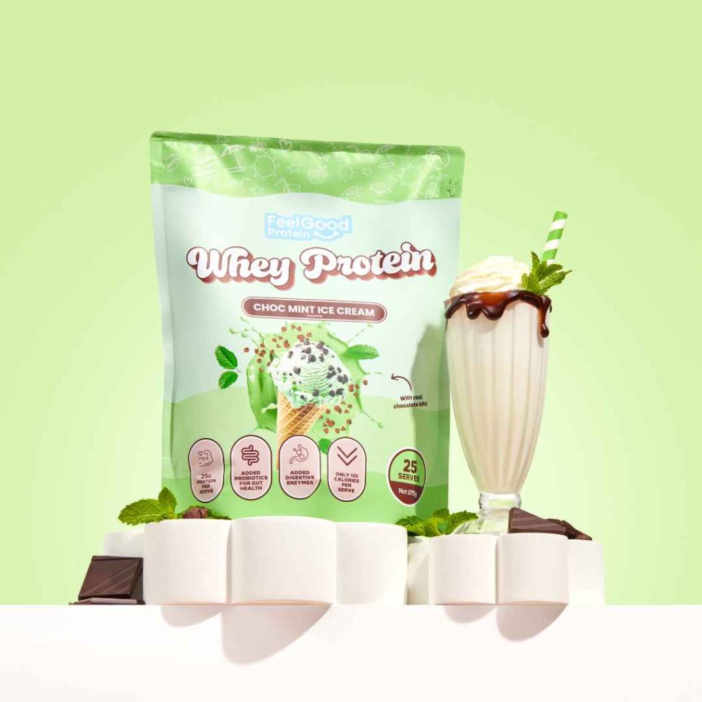 whey protein by feel good protein in choc mint ice cream