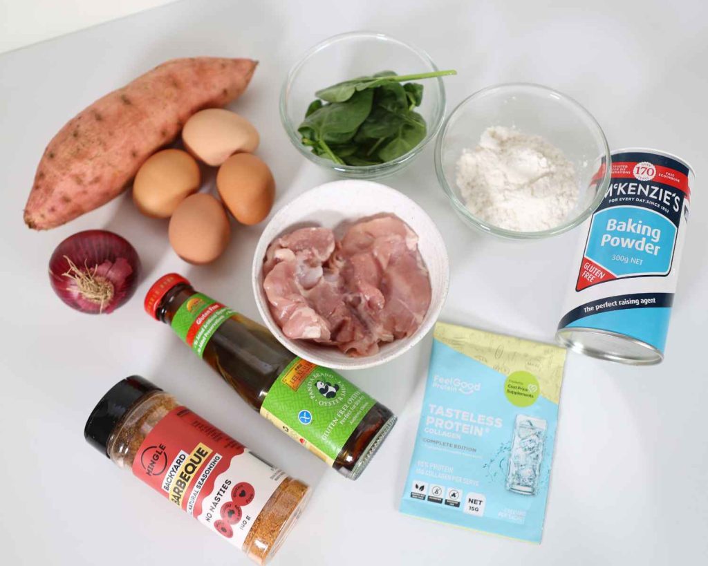 All the ingredients for the BBQ Chicken & Sweet Potato Muffins recipe ready to make it