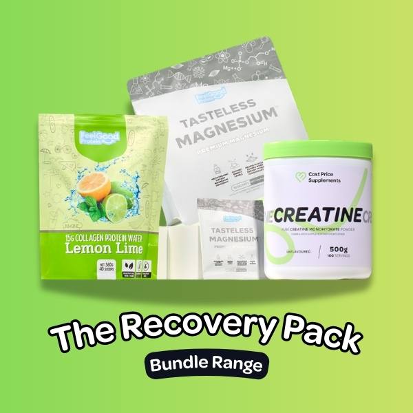 Graphic of The Recovery Pack with Lemon Lime Protein Water, Tasteless Magnesium, and Creatine Monohydrate side by side on a green gradient background, positioned over a text overlay title reading ‘The Recovery Pack Bundle Range’.  