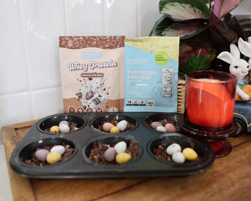 Chocolate Protein Easter Nests in the muffin tin setting