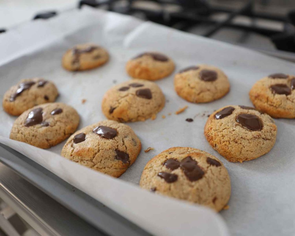 Baked cookies before cooling down for the Chocolate Chunk Protein Cookies recipe