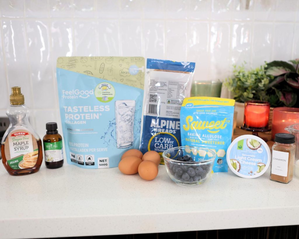 Ingredients for Blueberry French Toast Protein Cups photographed in a line side by side on a kitchen benchtop.