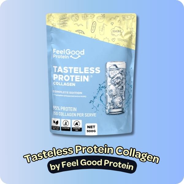 Render of a Tasteless Protein Collagen by Feel Good Protein bag in blue, yellow and white on a blue background above text overlay reading ‘Tasteless Protein Collagen by Feel Good Protein’.