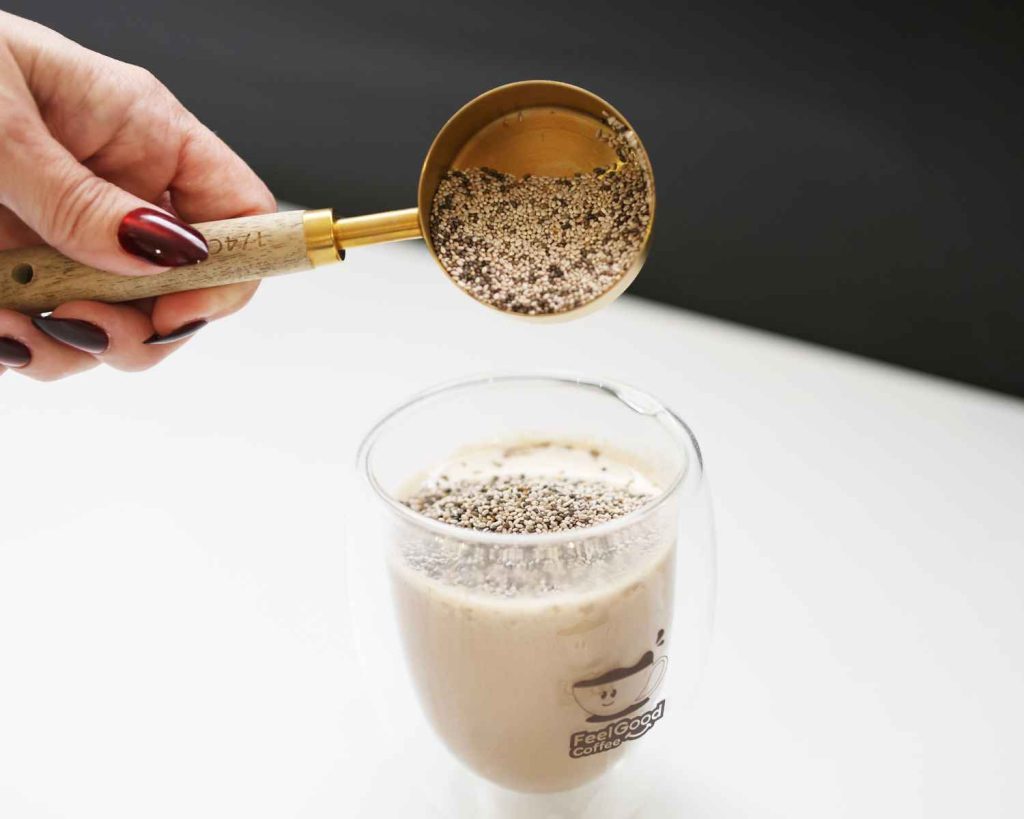 Adding chia seeds to the Peanut Protein Chia Pudding recipe