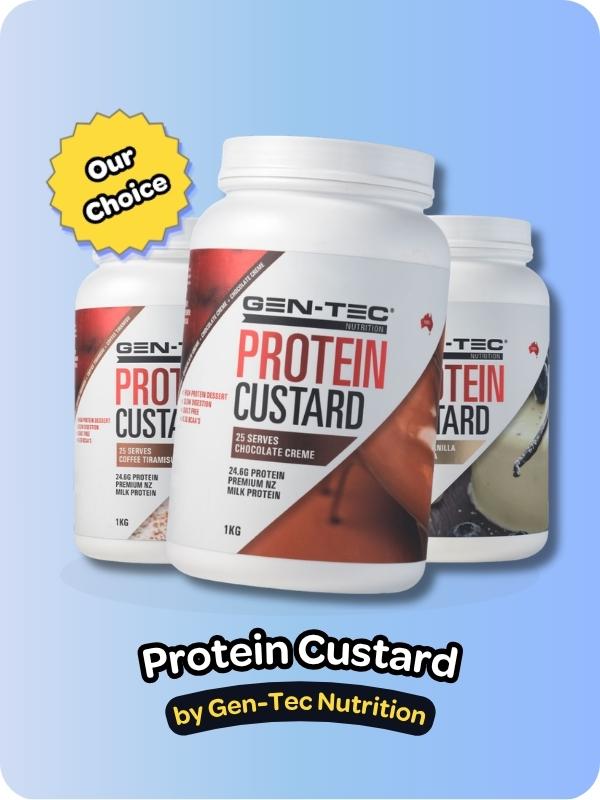 Graphic of a 3 flavours of Protein Custard by Gen Tec in multicoloured packaging on a blue background above text overlay reading ‘Protein Custard by Gen-Tec Nutrition'.