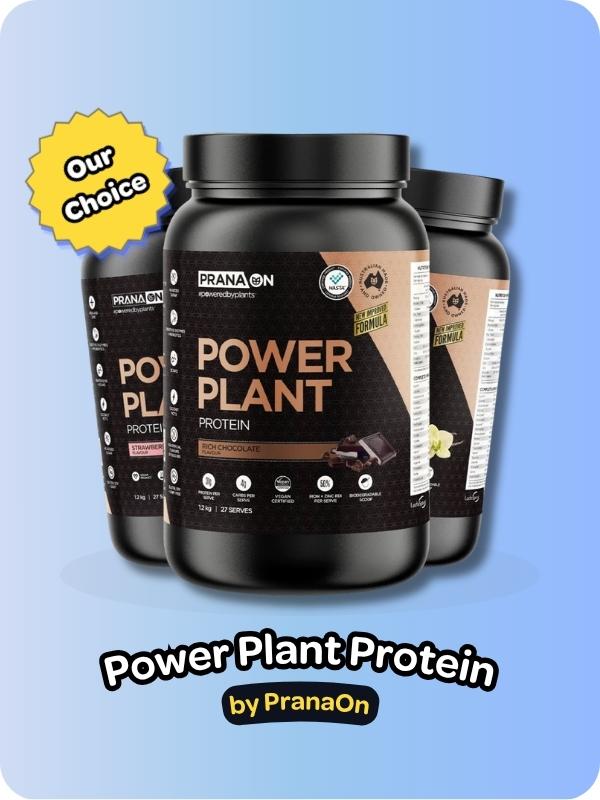 Graphic of a 3 flavours of Power Plant Protein by PranaOn in black packaging on a blue background above text overlay reading ‘Power Plant Protein by PranaOn’.