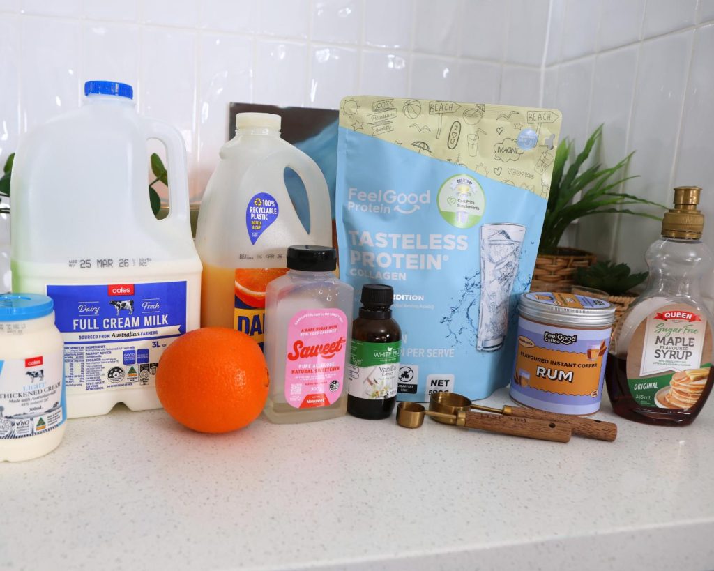Front-facing photo showing all the ingredients for Mont Blanc Proffee arranged side by side on a benchtop, with a softly blurred modern kitchen in the background. 