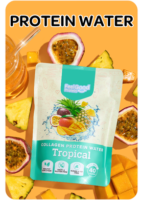 Tropical Protein Water by Feel Good Protein Orange background