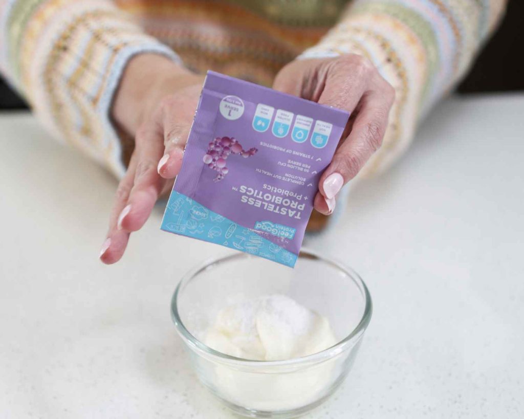 Adding Tasteless Probiotics by Feel Good Protein to the creme fraiche.